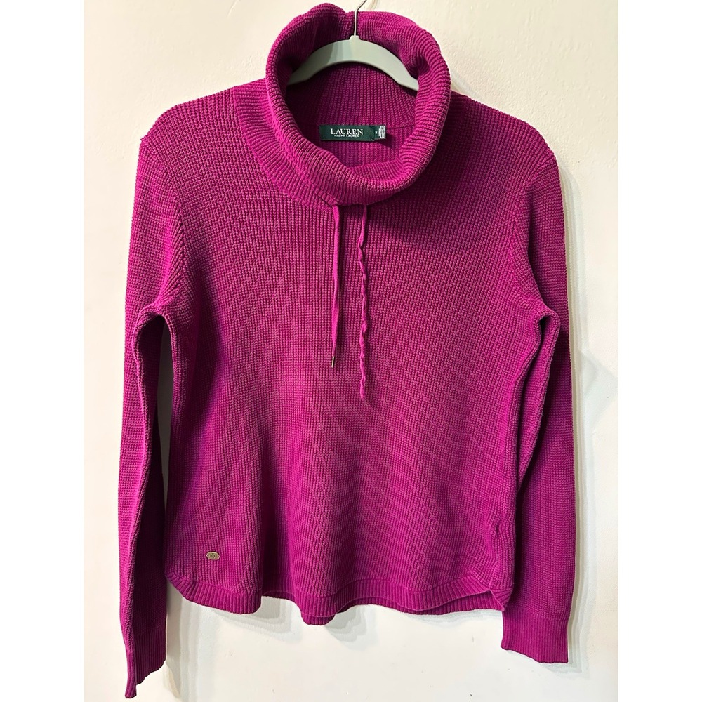 Lauren Ralph Lauren Cowl Neck Waffle Knit Sweater Size M Magenta Plum Cotton RLL